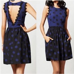 Anthropologie Corey Lynn Calter Split Dots Navy/Black Open Back Fit & Flare Sz 4